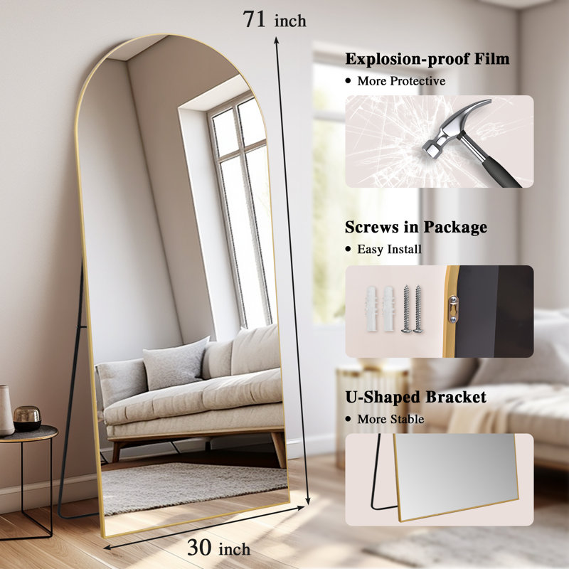 Kadeshia Aluminum Alloy Framed Arched Full Length Mirror with Stand, 71" x 30", Gold