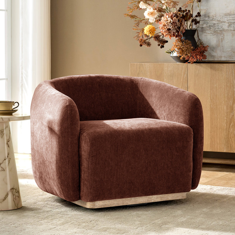 Berklie 35"W Modern Boucle Chenille Swivel Armchair With Solid Wood Base, Rust