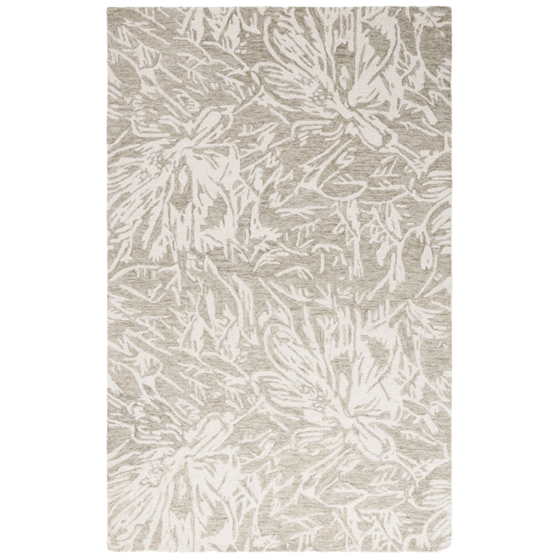 Abed Hand Tufted Wool/Cotton Floral Rug in Grey/Ivory, Rectangle 6' x 9'