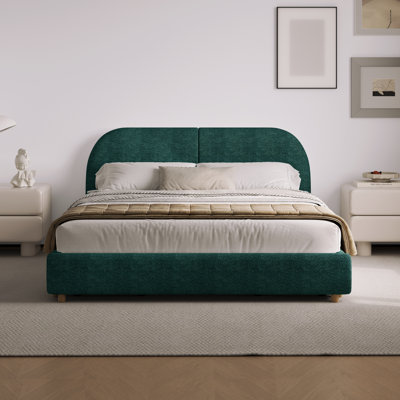 Boucle Upholstered Bed Frame With Tall Curved Headboard, Modern Minimalist Style