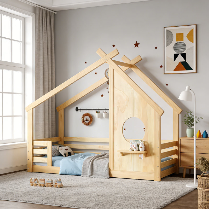 Lit simple en bois massif avec fenêtre, petite tablette et finition naturelle (aucun sommier requis), Lit simple, Naturel