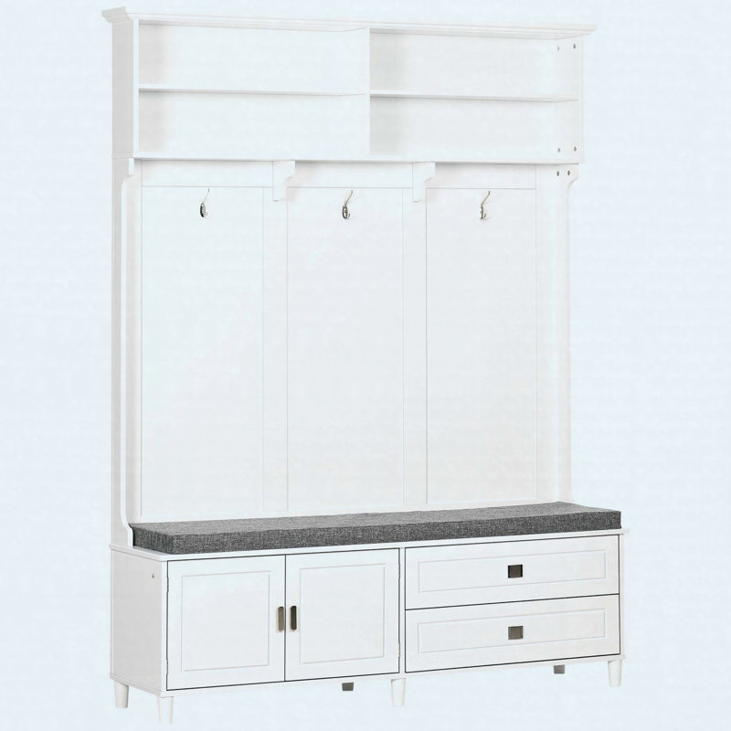 Hall Tree with Storage Bench, Coat Rack, Shelves, Cabinet & Drawers for Entryway, White
