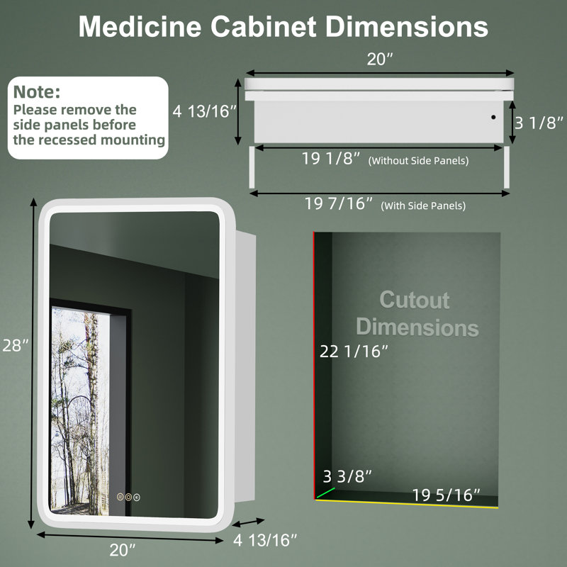 Pharmacie à DEL avec miroir, lumière à intensité variable, antibuée, fonction mémoire, très grand espace de rangement, tablettes réglables en verre, homologué ETL, charnière à droite, blanc Gernold