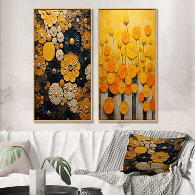 «Yellow Flowers Pottery Garden - Abstract Botanicals», ensemble de 2 reproductions d'art mural