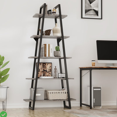 Industrial Chic 5-Tier Ladder Shelf - Narrow Corner Storage Bookcase for Living Room & Bedroom Light Gray/Dark Gray by 17 Stories