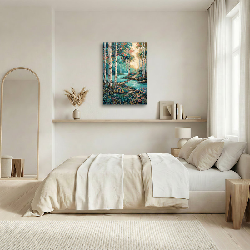 Tableau sur toile représentant un chemin forestier de bouleaux turquoise avec un feuillage coloré à pois, H 30 po x l 20 po