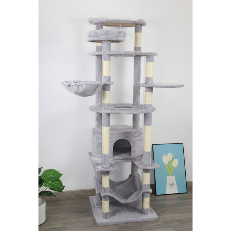 Tour à chat avec grand poteau à griffer en sisal et plateforme supérieure, Gris clair