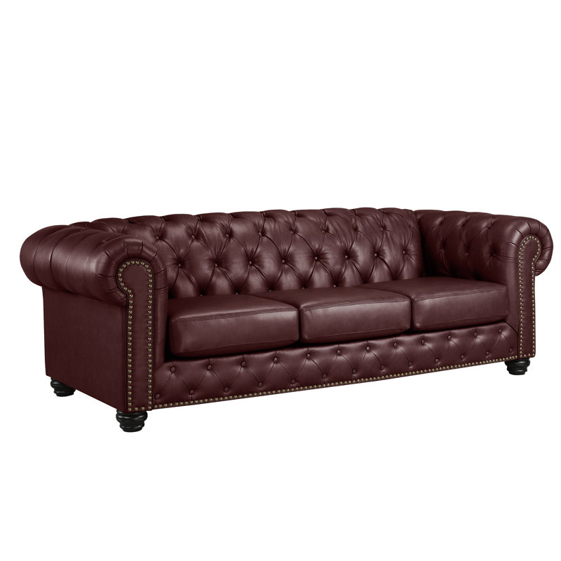 Orner 93" Leather Rolled Arm Chesterfield Sofa, Cherry Leather Match