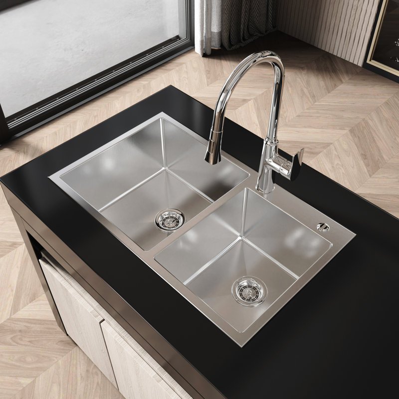 Évier double 32 po x 19 po x 10 po, acier inoxydable satiné, surface teintée, acier S304 simple à installer, coussin insonorisant, option de lavabo polyvalente