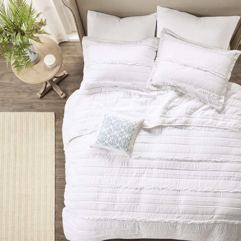 Courtepointe en microfibre à motif de volants 4 pièces blanc très grand / très grand avec coussin décoratif - réversible en mélange de coton, avec volant décoratif