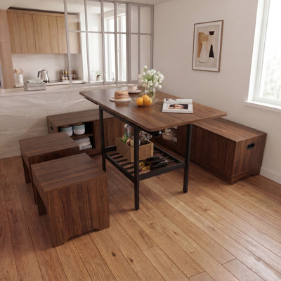 Ensemble de table de coin-repas extensible avec bancs et tabourets de rangement, ensemble de table de salle à manger de coin 6 pièces