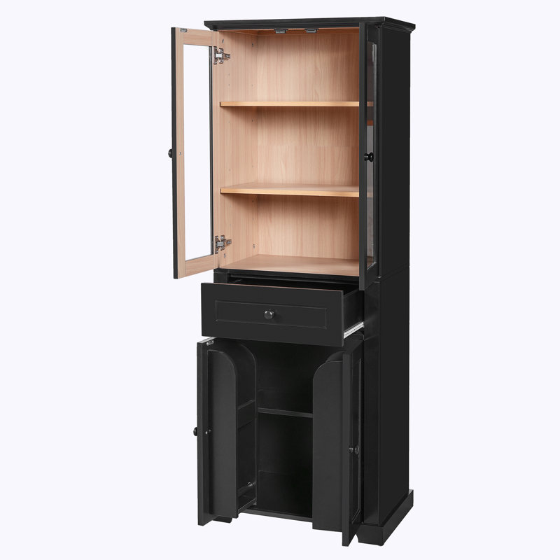 Bathroom Storage Cabinet Modern Freestanding Linen Tower with Doors, Adjustable Shelves & Drawer, Black