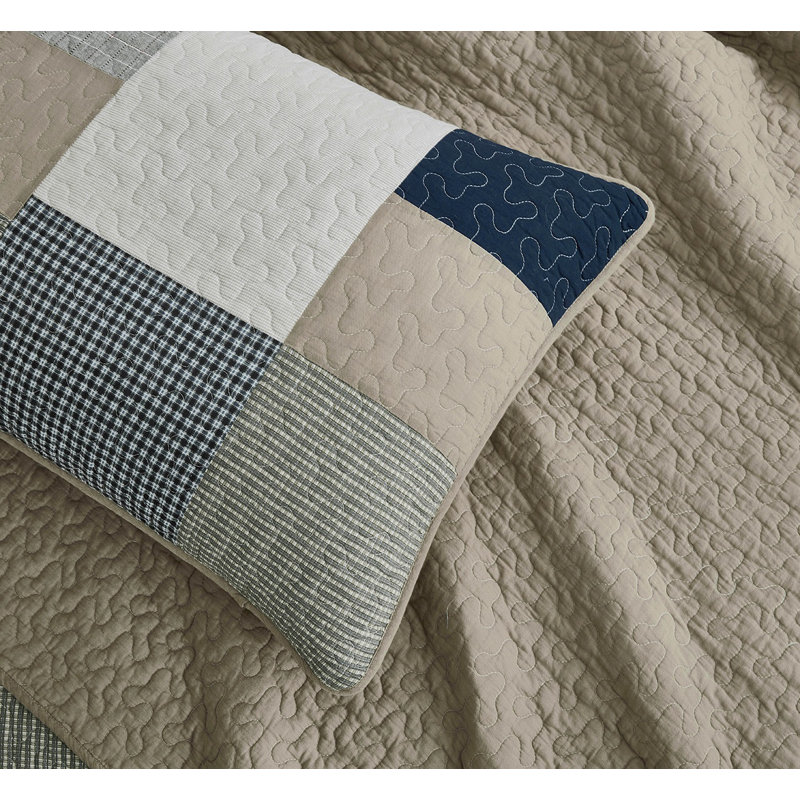 Navy and Beige Cotton Patchwork Reversible Queen Quilt Set