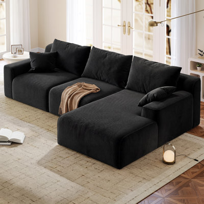 Boneless 97" L L-Shaped Boneless Sofa with Chaise Lounge, Tool-Free Setup, Modular Sectional Couch with Ottoman & Pillow for Living Room, Bedroom, Upholstered Corduroy/Checkered Couch