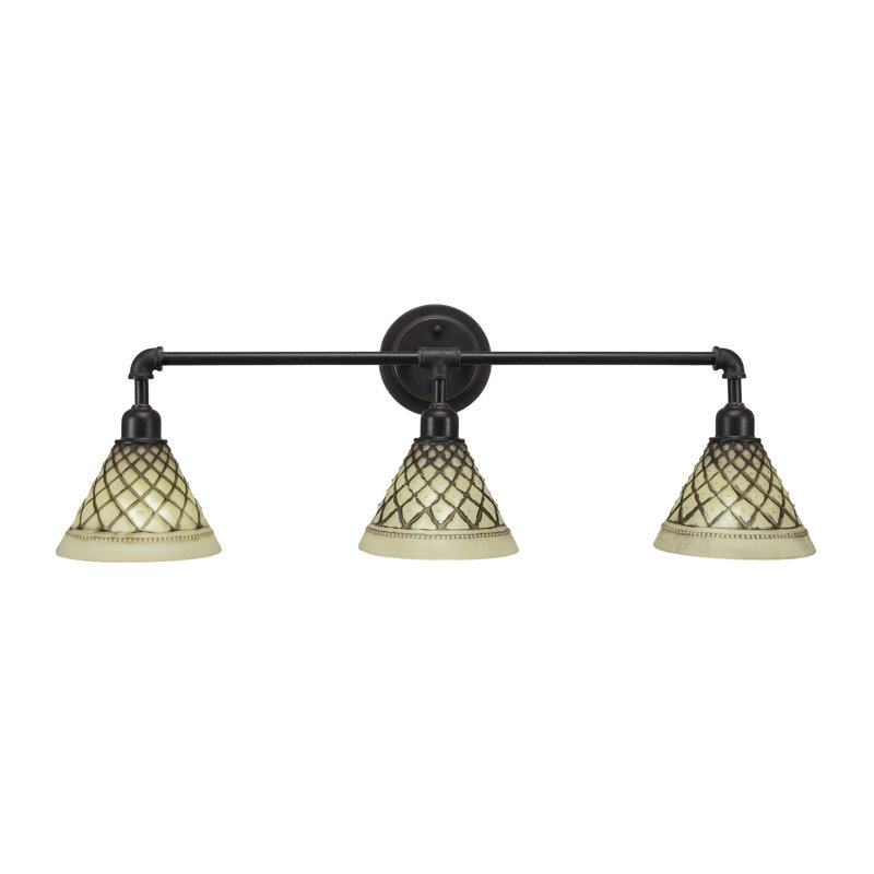 Vintage 3 Light Bath Bar Shown In Dark Granite Finish with 7" Chocolate Icing Glass