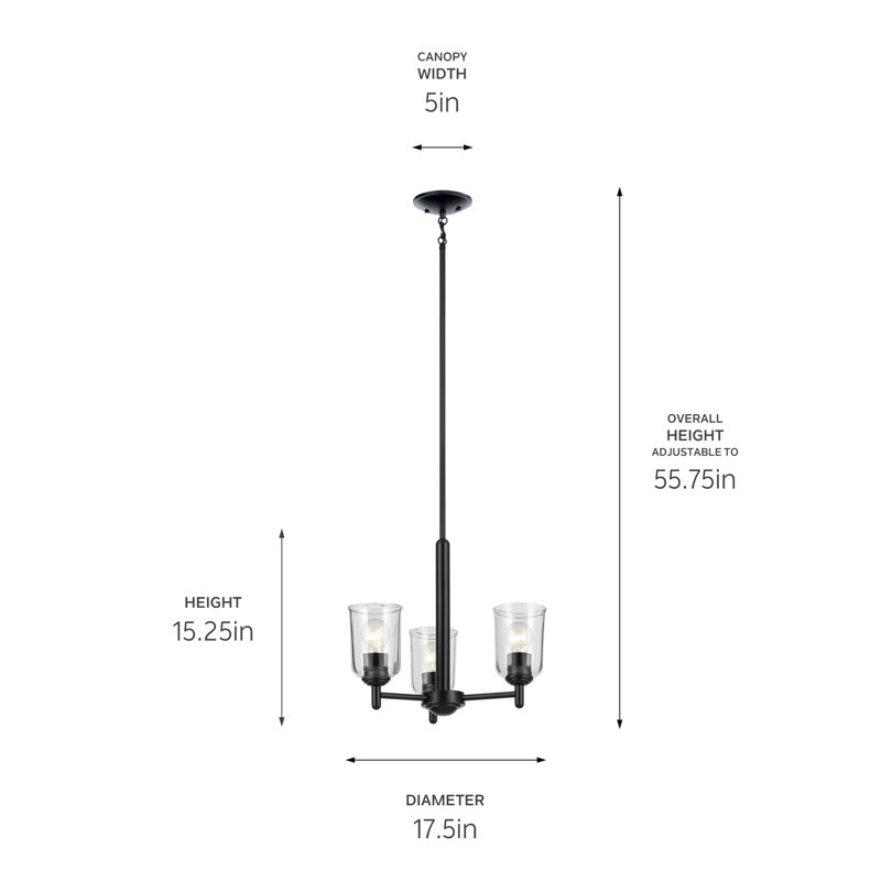 Mini-lustre 3 lumières 15,25 "avec verre transparent, Noir satiné