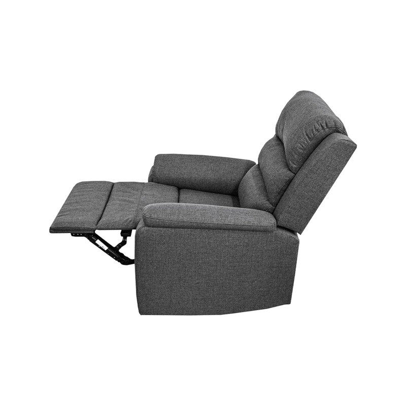 Fauteuil inclinable manuel en jute gris foncé, style moderne, avec fonction de relaxation des mouvements, assise et accoudoirs rembourrés, avec coussin.
