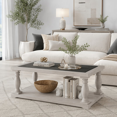 Rectangular Coffee Table with Turned Spindle Legs, 2-Tier Wooden Cocktail Table for Living Room and Home Decor