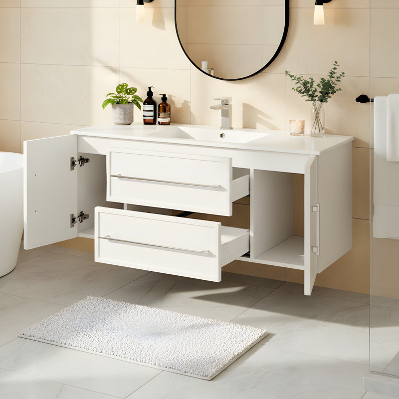 Ensemble de meuble-lavabo mural simple 48 po avec plateau en marbre Milano, Blanc