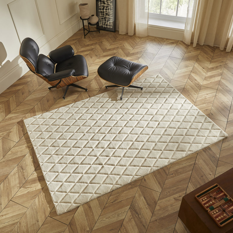 Geometric Shapes Wool Hand Tufted Area Rug, Rectangle 240 x 300 cm, Ivory