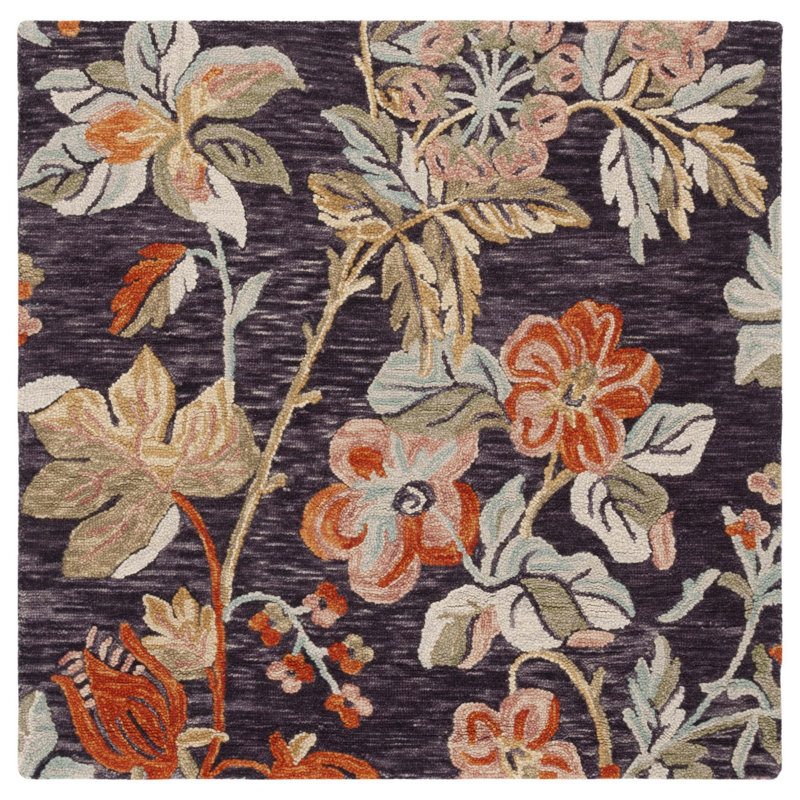 Tavant Hand Tufted Wool/Cotton Floral Rug in Charcoal/Orange, Square 5'