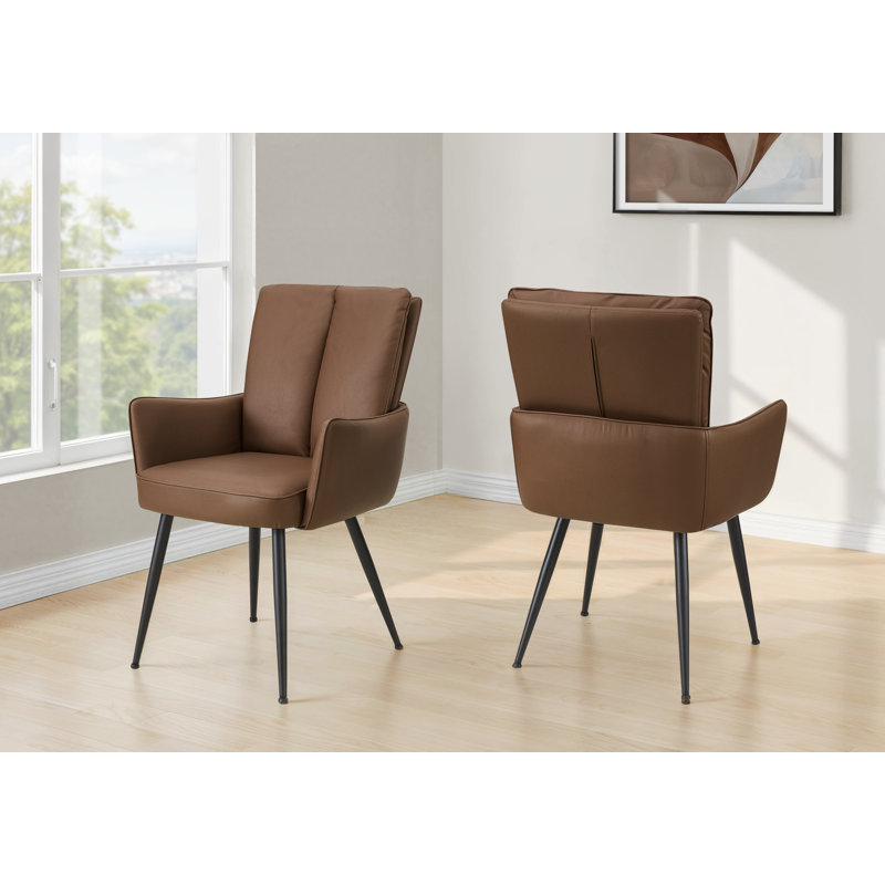 Chaise de salle à manger, hauteur 36 po, ensemble de 2, rembourrée, latérale, salle à manger, cuisine, aspect cuir brun, métal noir, contemporain, moderne