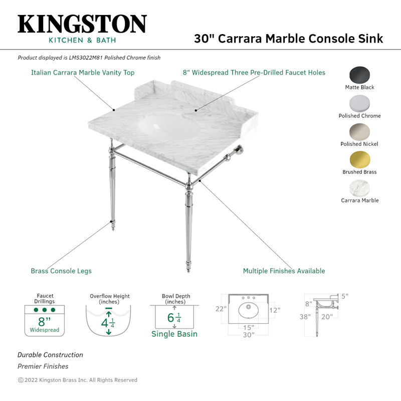 Kingston Brass Habsburg 30-Inch Carrara Marble Console Sink with Brass Legs (8-Inch, 3-Hole), Marble White/Matte Black