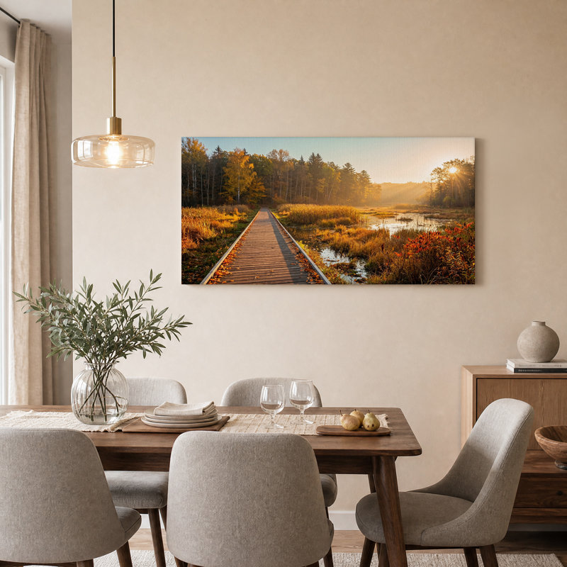 Promenade ensoleillée à travers la forêt d'automne - Tableau sur toile, L 58 po x H 28 po