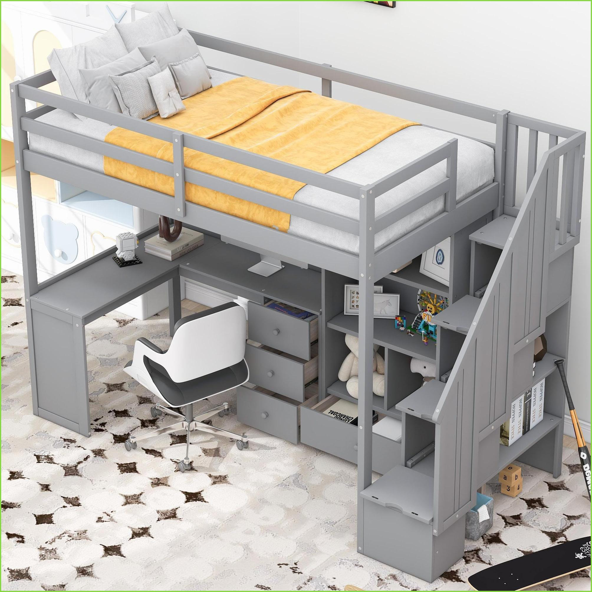 Ebern Designs Twin Size Solid Pine Wood Loft Bed with L-Shaped Desk ...