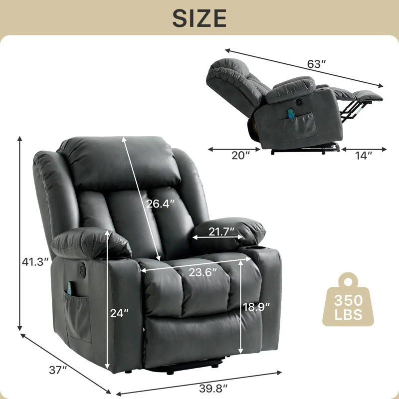 Fauteuil inclinable électrique Power Lift pour personnes âgées avec massage par vibration et porte-gobelets, 2 poches latérales