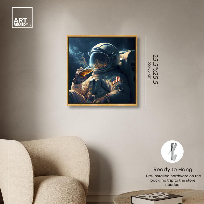 «Astronaut Drinks Beer Canvas» par Art Remedy, Cadre doré, H 25 po x l 25 po