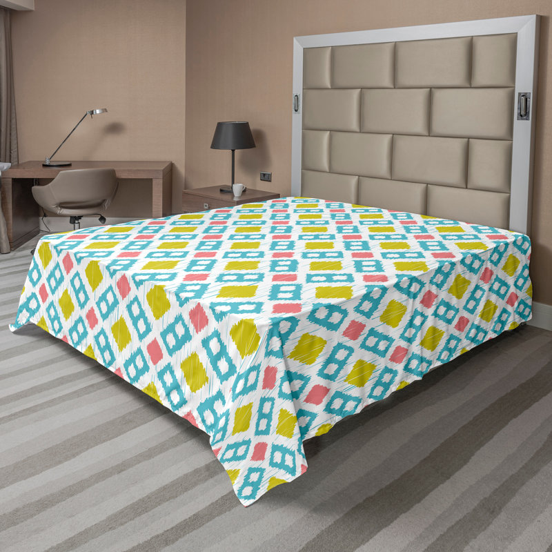 Ambesonne Top Flat Sheet Curving Art, Queen Flat Sheet, Mustard Pink Blue Ikat