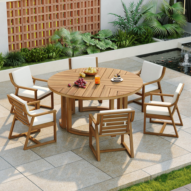 Patio Dining Table Set For 6, Light Teak