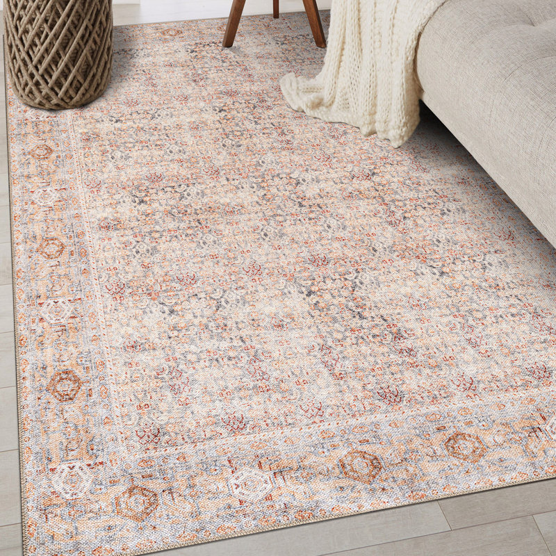 Delano Terracotta Floral Pattern Rug – Washable Low Pile Rug With Non-Slip Backing, Rectangle 4' x 6'