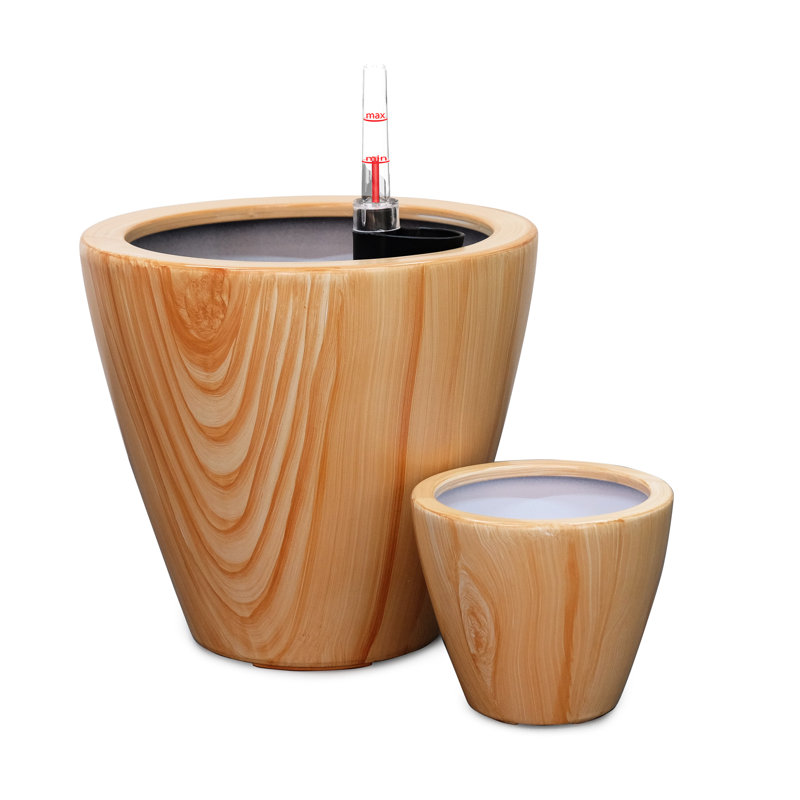 2 10 In. Wood Plastic Self-Watering Planter Pot - Stabilized & Frost Easy Assembly With Drainage Plug Water Level Indicator Brown Finish Facilitate Plant Health