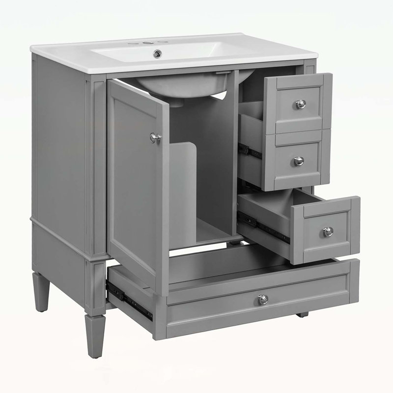 Meuble-lavabo 30 po avec lavabo en céramique et 3 tiroirs, Gris, Argent argent