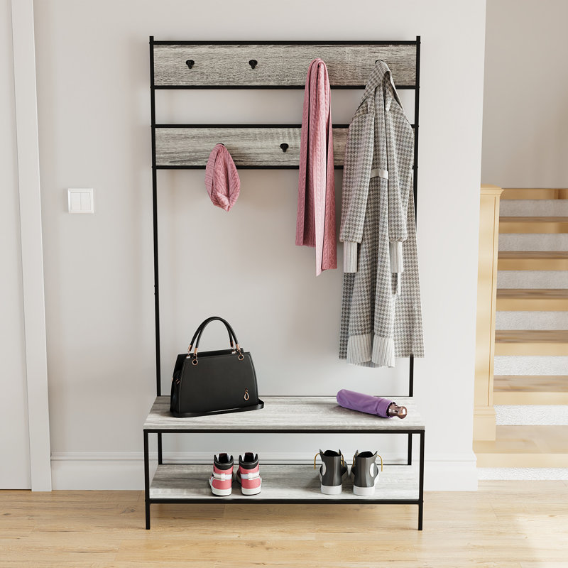 Sylvie Iron Industrial Hall Tree with Bench and Shoe Storage, Grey