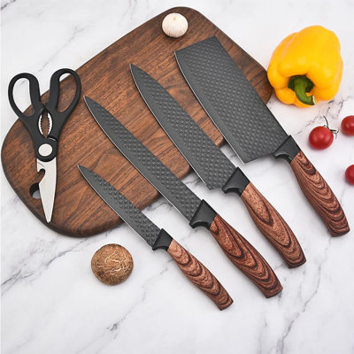 Rainbean 6-piece Black Kitchen Knife Set – High-carbon Stainless Steel Chef Knives With Universal Knife Block In Brown