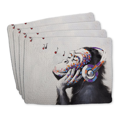 Monkey Listening Music Braided Polyester Placemats Set of 4