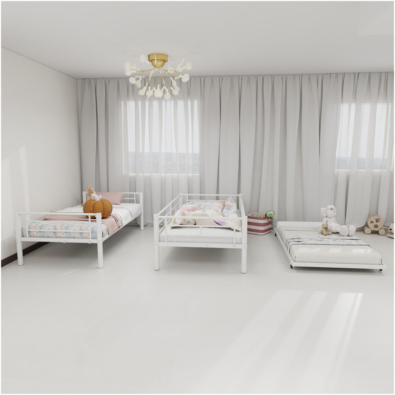 Heavy-Duty Sturdy Meta Twin Over Twin Bunk Bed/L/ Noise Reduced/ Safety Guardrail/No Box Spring Needed,White, White