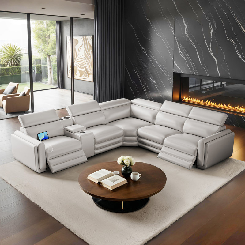 Oversized 5-seater Dual Power Reclining Sectional Sofa With Console/cup Holders, Bluetooth Speakers & Storage, Leathaire Upholstery, Light Gray