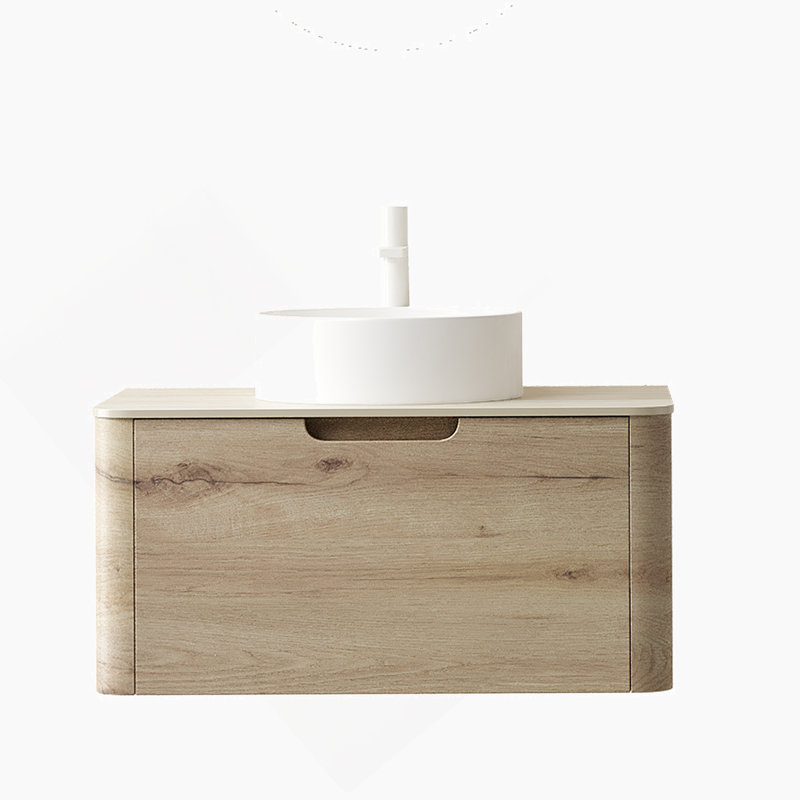 Meuble-lavabo de 30 po avec lavabo, armoire de rangement murale en contreplaqué avec tiroir, lavabo rond en céramique blanche et plateau en pierre frittée à motif de travertin Roma, couleur grain de bois de chêne blanc