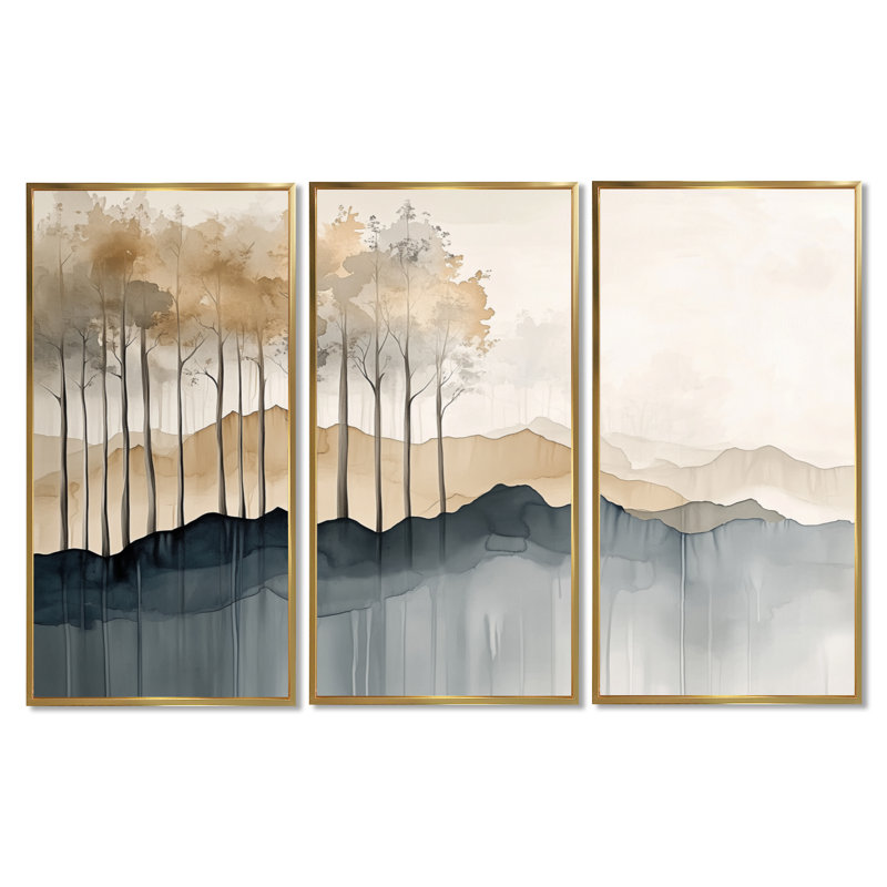 «Amber Ridge Treeline - Forest», art mural 3 pièces, H 32 po x l 48 po, Cadre flottant doré