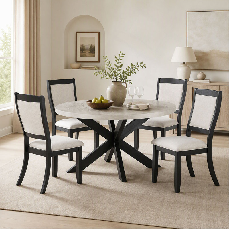 Table ronde bicolore en bois, avec pied central, 1 pièce.
