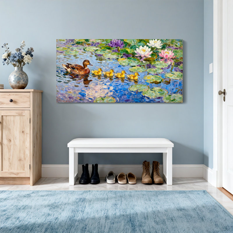 Animals Duck And Ducklings Water Lilies Pond, 16" H x 32" W