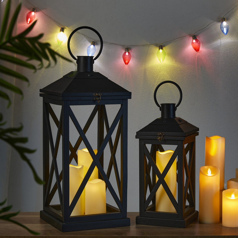 Wood and Metal Indoor and Outdoor Tabletop Lanterns (Set of 2), Black