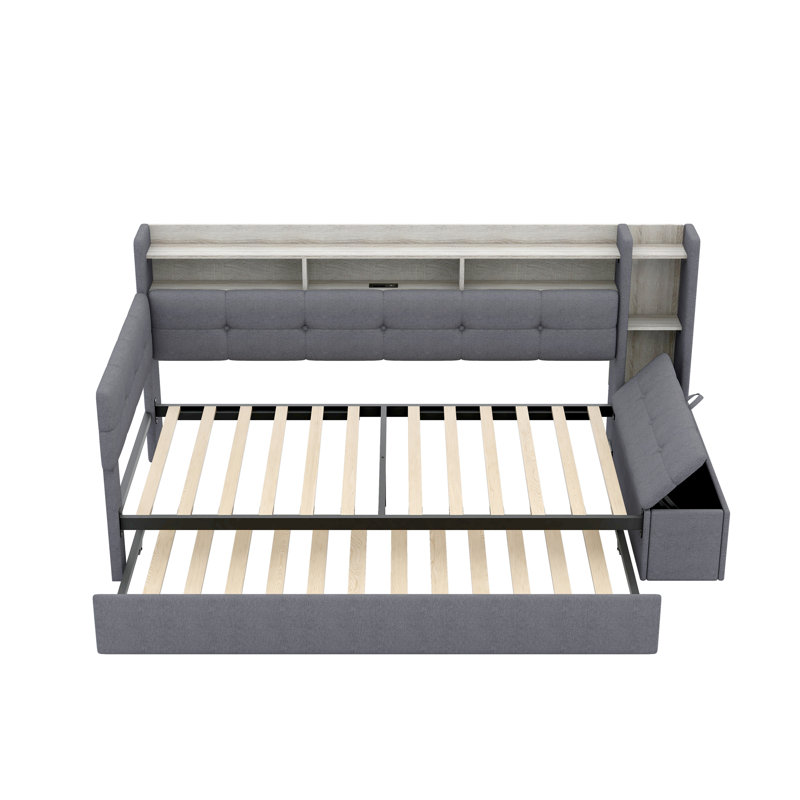 Twin Size Upholstery Daybed with Storage Footstool and Shelves,with Trundle,USB Charging and LED Light,Grey, Gray, Twin