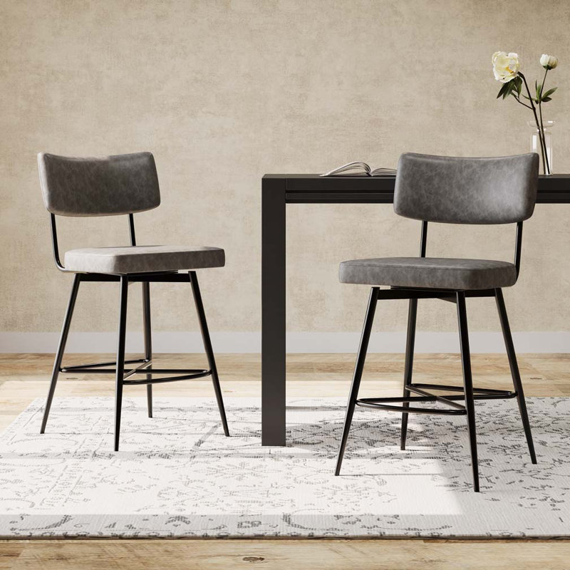 Ensemble de 2 tabourets de bar pivotants en cuir de polyuréthane Demelo avec repose-pieds, Gris