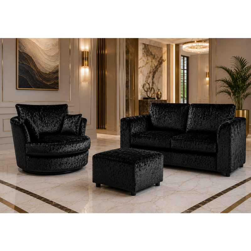 3 Piece Velvet Standard Living Room Set, Black