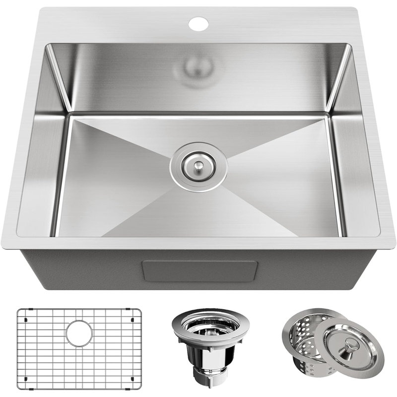 Drop In 18 Gauge Single Bowl T304 Stainless Steel Kitchen Sink with Sink Grid, Silver